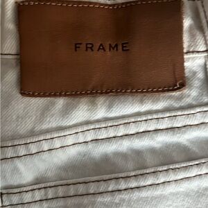 FRAME White Denim with Brown Leather Logo Patch